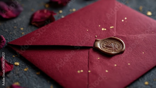 Elegant Red Envelope with Wax Seal and Dry Rose Petals Background
