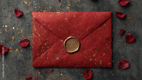 Elegant Red Envelope with Wax Seal Surrounded by Rose Petals
