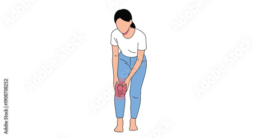 Woman standing, holding her knee with both hands, with a red highlighted circle indicating pain.