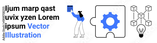 Business collaboration, innovation, technology, problem-solving, teamwork, creative ideas. Woman placing a puzzle piece, gear icon blockchain cubes light bulb illustration. Collaboration