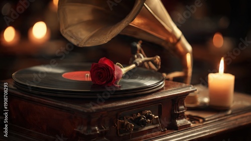 Vintage Gramophone with Rose and Candle on Wooden Table