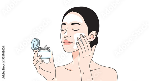A woman with eyes closed gently applies skincare cream to her face from an open jar, enjoying a beauty moment on white.