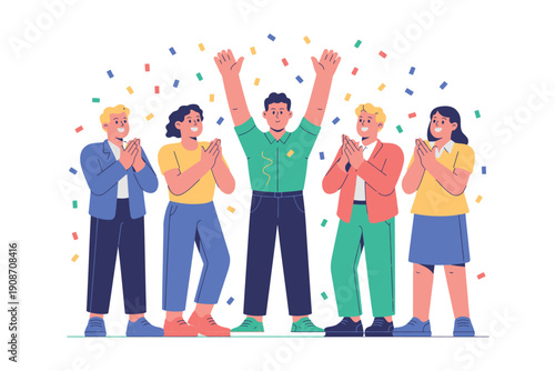 A group of happy people celebrating with confetti in the background