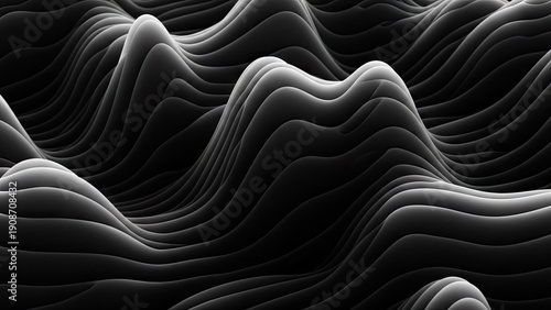 A black and white abstract image of wavy lines and shapes