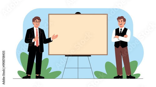 Two businessmen standing next to a presentation board in a meeting room with a blue background