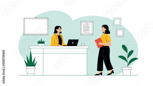 Two professional women interacting in a modern office with a reception desk and plants