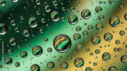 A close-up view of numerous transparent bubbles on a green and yellow background