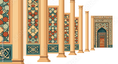 A series of ornate architectural columns with colorful geometric patterns and decorative bases leading to a detailed arched doorway.