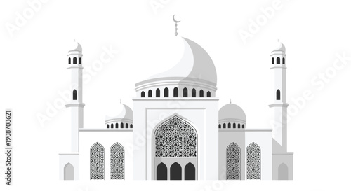A minimalist grayscale illustration of a mosque featuring multiple domes, tall minarets, and an intricately patterned arched entrance.