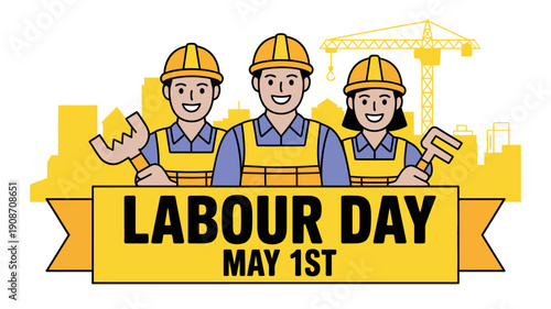 A Labour Day graphic illustration featuring three construction workers celebrating May 1st