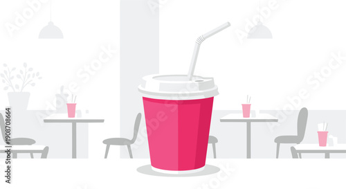 A vibrant pink disposable cup with a lid and straw stands in the foreground of a blurred cafe interior with tables and chairs.