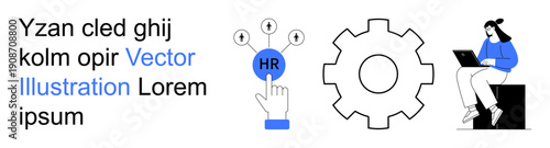 Human resources, workflow automation, employee management, recruitment strategies, career development, teamwork. HR button with gear icon and person using a laptop. Human resources and workflow