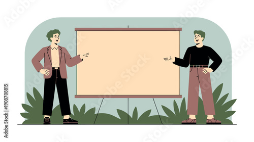 Two men standing in front of a blank projector screen outdoors