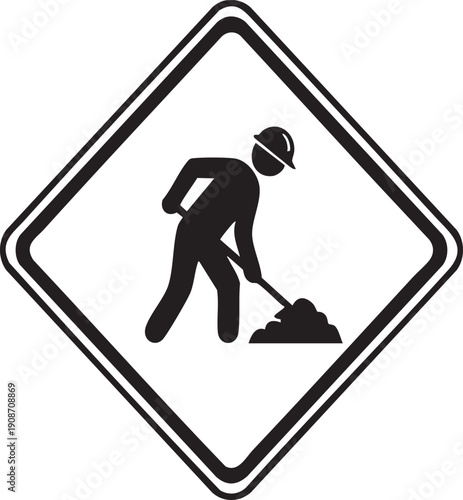 Single Road Work Warning Sign Silhouettes Isolated on White Background