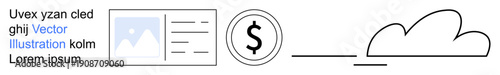 Cloud technology, digital payment, online services, data sharing, modern finance, internet security. Simple icons a cloud, dollar symbol and data elements. Highlighting cloud technology and digital