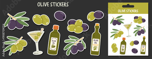 Creative sticker set featuring olives, branches, and oil bottles. Includes a retail packaging mockup. Perfect for digital planners, labels, and organic product marketing. 