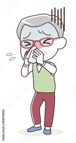 ティッシュで鼻をかむシニア男性（風邪・鼻水・花粉症）