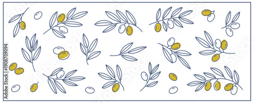 Contemporary vector illustration of olive branches in blue line art with abstract yellow color spots. Creative Mediterranean design for modern packaging, posters, and lifestyle branding. 
