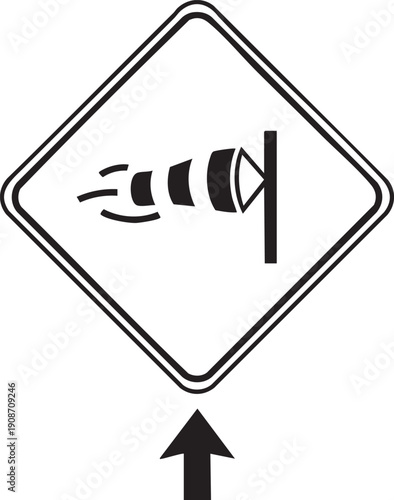 Single Side Wind Warning Sign Silhouettes Isolated on White Background