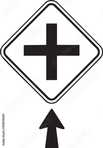 Single T-Junction Ahead Warning Sign Silhouettes Isolated on White Background