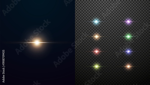 Set of colorful Lens flares. Lens flare a different colors. Transparent sunlight special lens flare light effect.