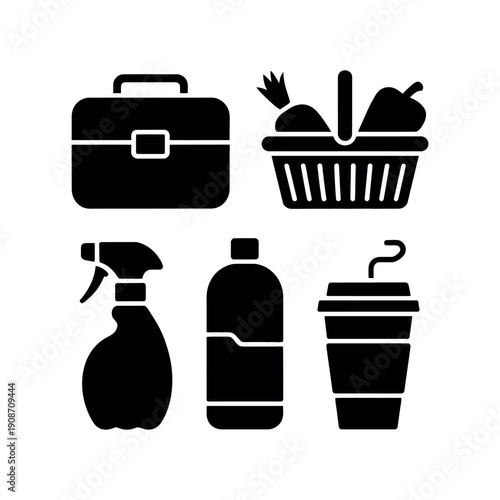 A collection of everyday icons including a briefcase, shopping basket, spray bottle, detergent bottle, and coffee cup.