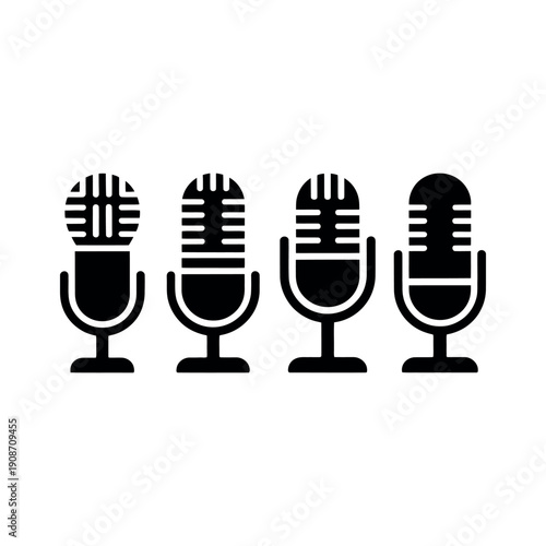 Four black microphone icons arranged in a row on a white background for audio or music related concepts