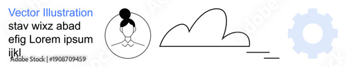 Digital services, user profile, cloud computing, system setup, technology solutions, data management. Minimalist design of a profile icon alongside a cloud and gear symbol. Digital services and cloud