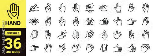 Hand gesture and communication icon set with expressive finger signs, thumbs up, peace sign, OK gesture, heart hands, pointing actions, and essential hand gesture ranking symbols in line‑art style