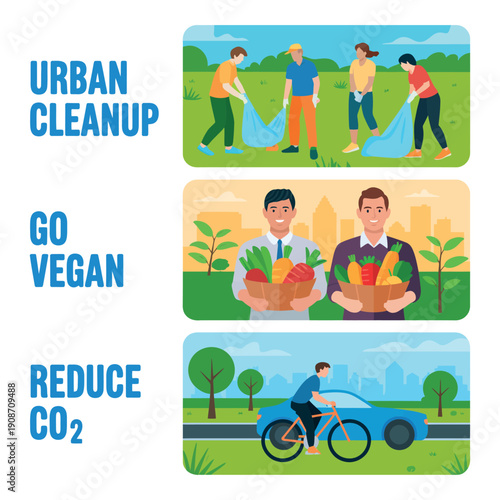 A colorful illustration promoting eco-friendly habits with urban cleanup, veganism, and reduced carbon emissions.