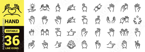 Hand gesture and communication icon set with expressive finger signs, idea gestures, handshake, writing hand, pointing actions, OK sign, clapping, and essential hand gesture ranking symbols