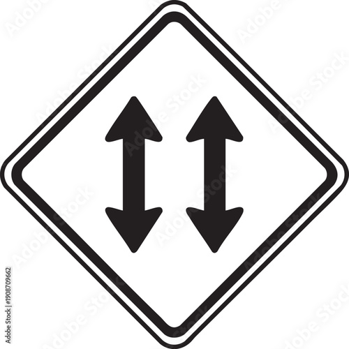 Single Two-Way Traffic Warning Sign Silhouettes Isolated on White Background