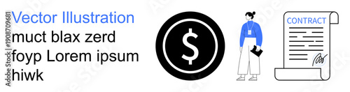 Business planning, financial transactions, legal agreements, corporate communication, document signing, accountability. Dollar symbol, person with file and signed contract visuals. Business planning