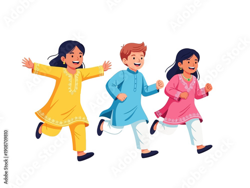 Illustration of Three Muslim Kids Running Happily in Traditional Clothes 