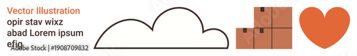 Storage solutions, logistics management, love symbolism, e-commerce, cloud technology, package delivery. Minimalist design with a cloud outline, stacked boxes and a heart symbol. Storage solutions