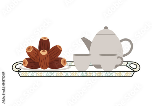 Sweet Dates and Teapot Set for Ramadan Iftar Menu Illustration 