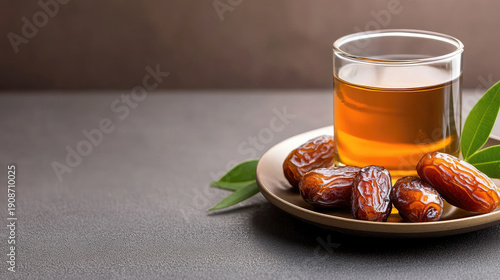 Dates and water served on a plate with fresh leaves, symbolizing the traditional Iftar meal for breaking the daily fast during the holy month of Ramadan in Islamic culture