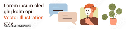Online communication, identity, self-expression, anonymity, nature , social media concepts. Speech bubbles, a person holding a mask and a green potted plant. Online communication and identity