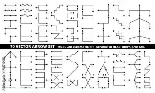 70 vector arrow set in modular solid glyph style with separated head and tail for flow process chart and algorithm design
