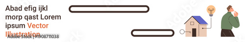 Creativity, innovation, housing, renewable energy, brainstorming, design ideas. A man in thought, lightbulb text blocks and a solar-powered home. Innovation and renewable energy concept