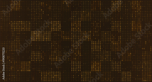 Meticulously organized amber digits form a rhythmic grid across a deep, warm void. This panoramic digital tapestry explores the architecture of information, where binary sequences shimmer like illumin