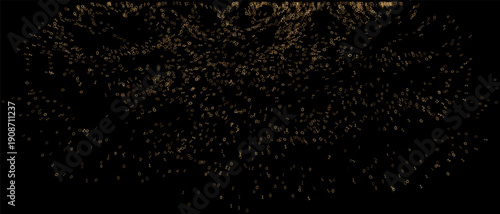 Burnished bronze digits swirl across a deep obsidian void in a sweeping panoramic arc. This digital tapestry captures a rhythmic swarm of information, where binary sequences shimmer like metallic embe