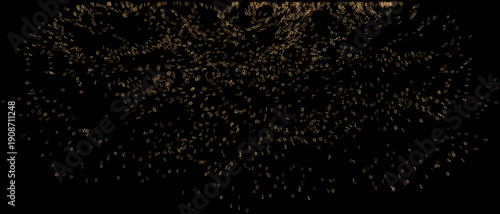 Burnished bronze digits swirl across a deep obsidian void in a sweeping panoramic arc. This digital tapestry captures a rhythmic swarm of information, where binary sequences shimmer like metallic embe