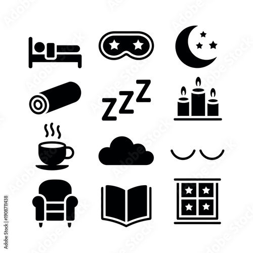 A collection of black and white icons representing sleep and relaxation concepts