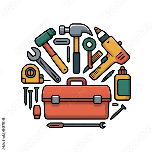 A collection of various tools and equipment in a red toolbox on a white background