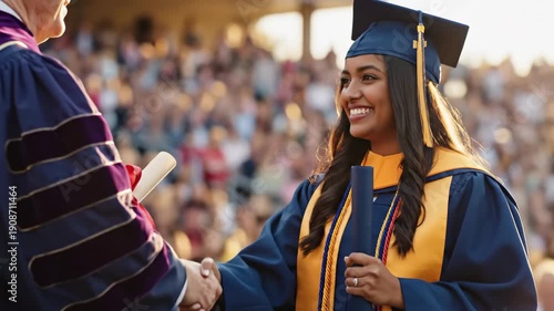 Smiling female graduate shaking hands and receiving diploma at outdoor ceremony. Young woman in cap and gown celebrating academic success. University commencement
