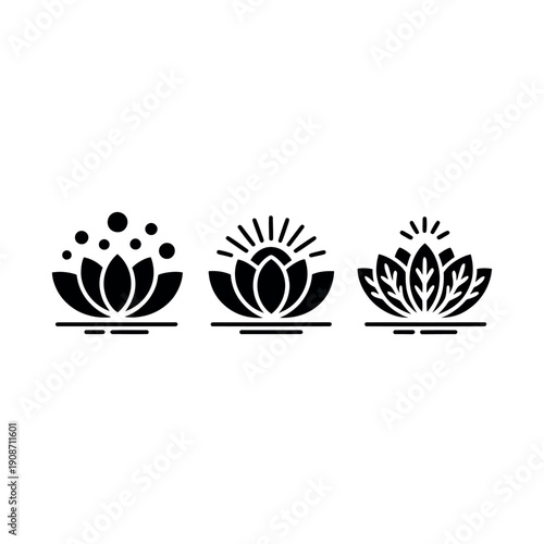 Three black lotus flower logos with different designs on a white background