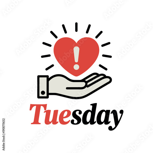 A graphic illustration of a hand holding a heart with an exclamation mark on Tuesday