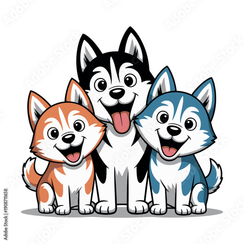 Three happy husky dogs standing together in a cartoon illustration with white background