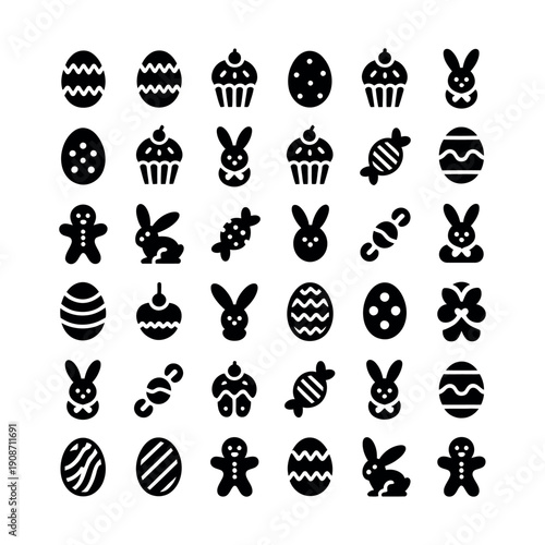 A collection of Easter icons featuring eggs, bunnies, cupcakes, and candy on a white background